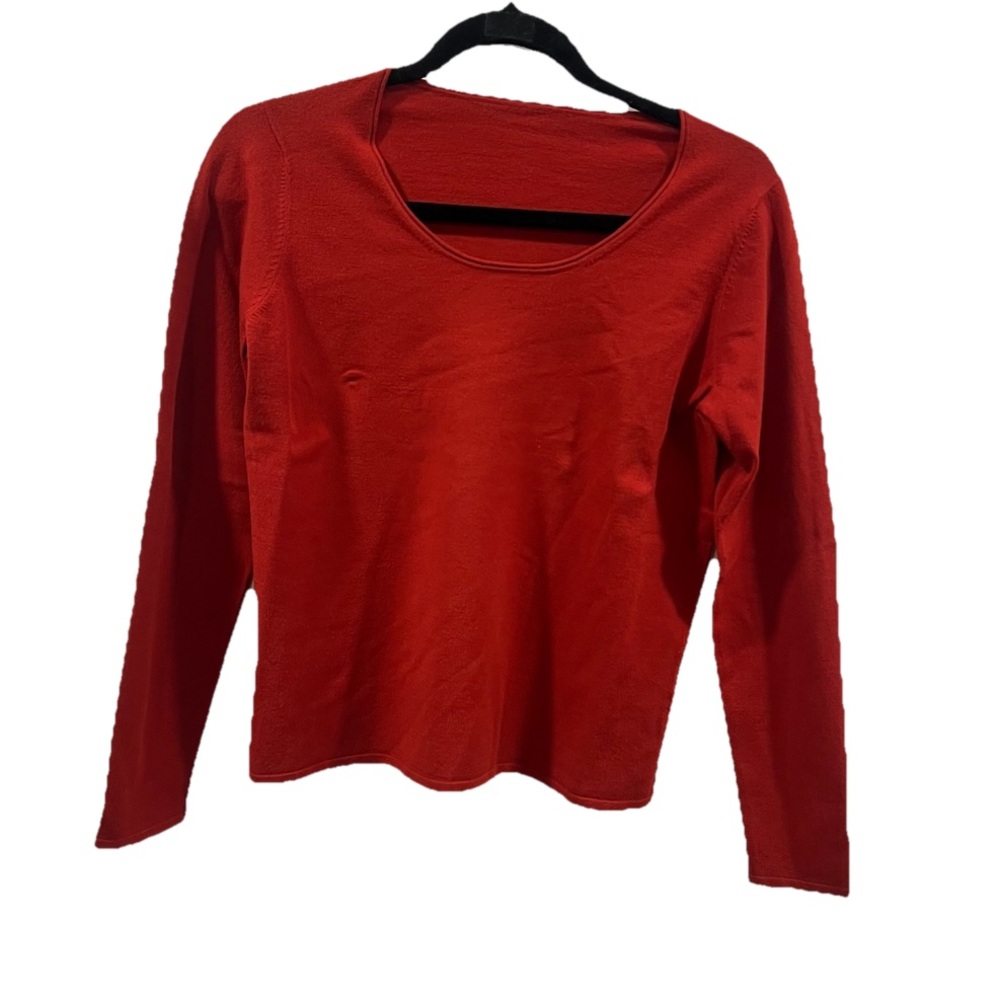 Eileen Fisher Red Scoop Neck Pullover Knit Long Sleeve Sweater Top Size Small